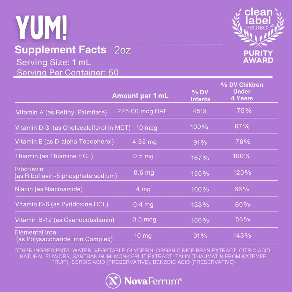 NovaFerrum Yum label highlights gluten-free and sugar-free formulation.