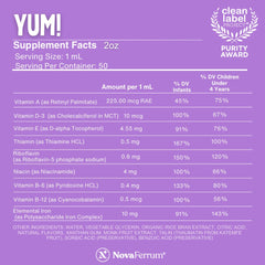 NovaFerrum Yum label highlights gluten-free and sugar-free formulation.