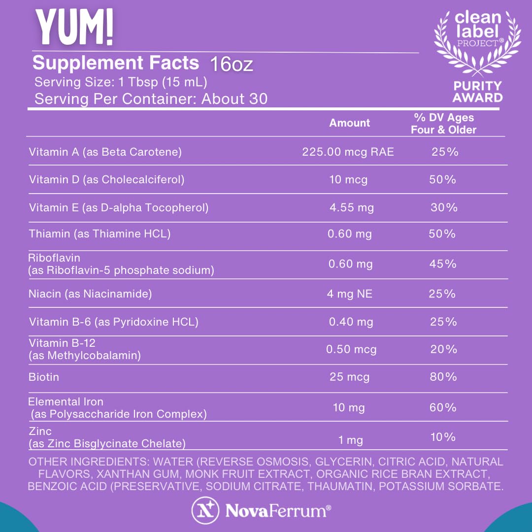 NovaFerrum Yum raspberry flavor label highlights natural flavors for kids.