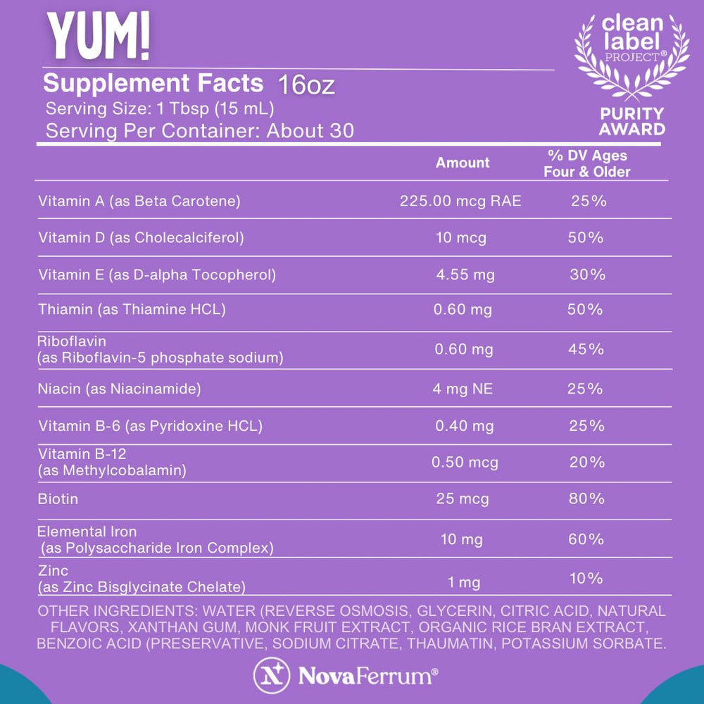 NovaFerrum Yum raspberry flavor label highlights natural flavors for kids.