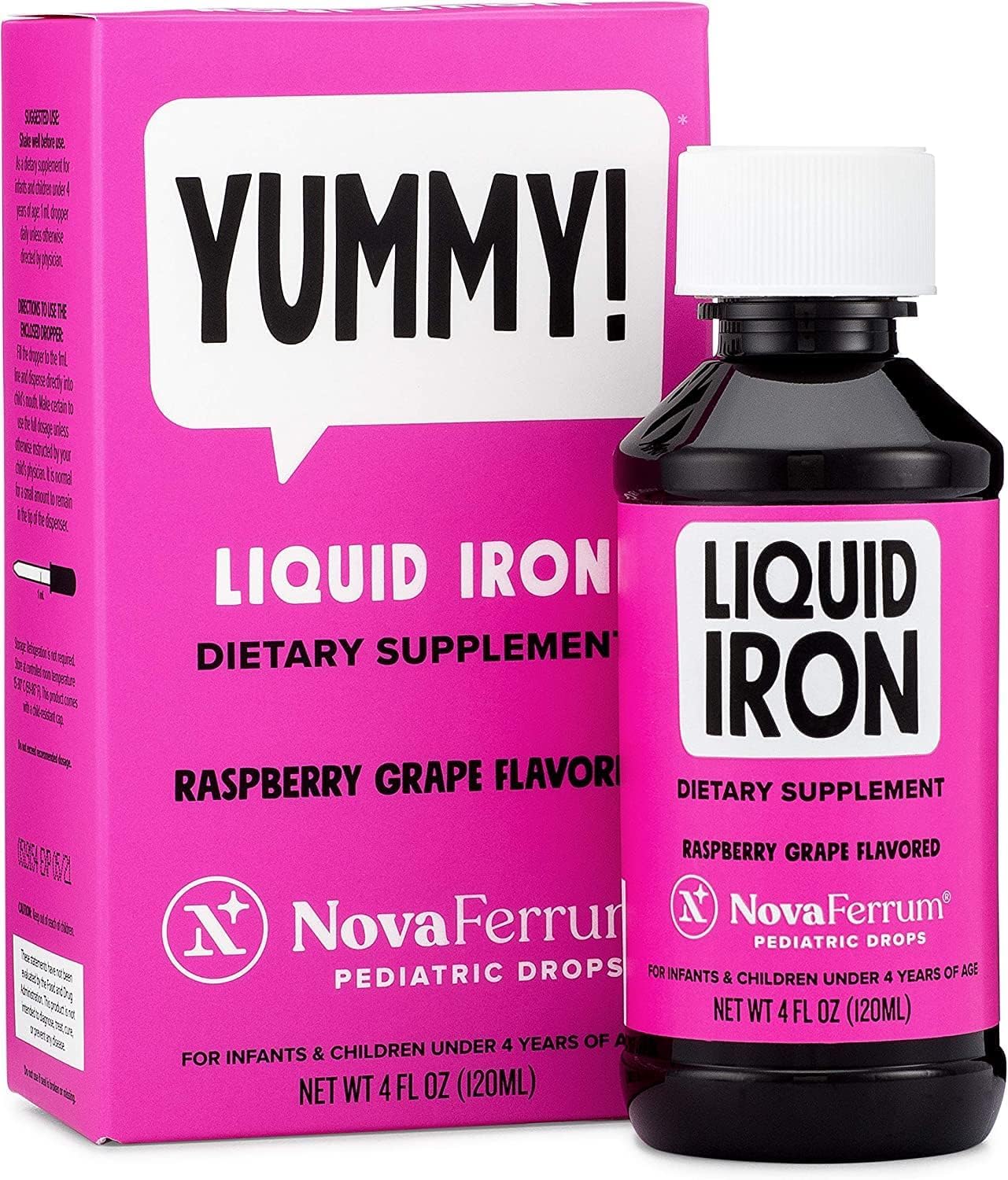 NovaFerrum Yummy bottle with dropper for easy iron dosing.