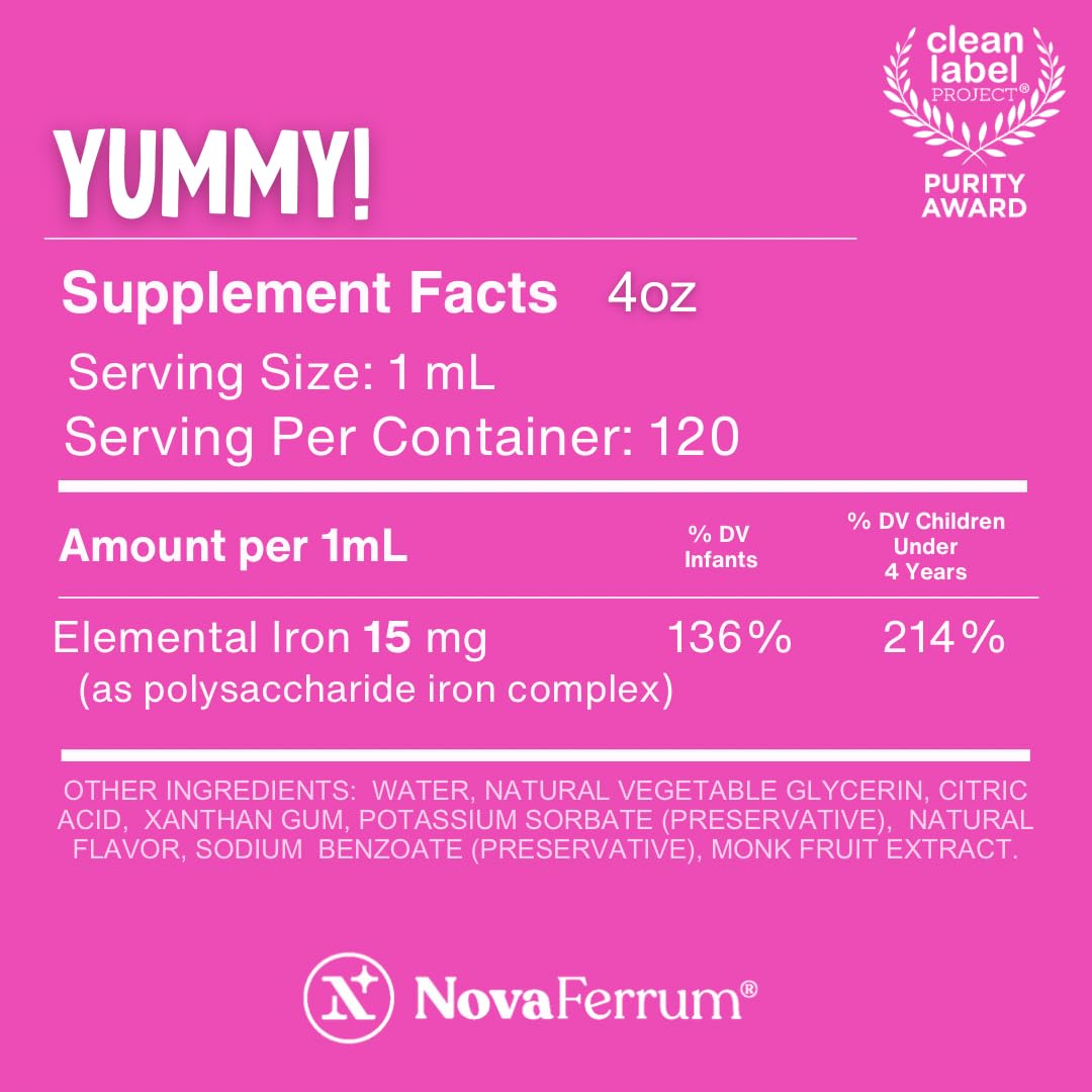 NovaFerrum Yummy kid-friendly label on the bottle.