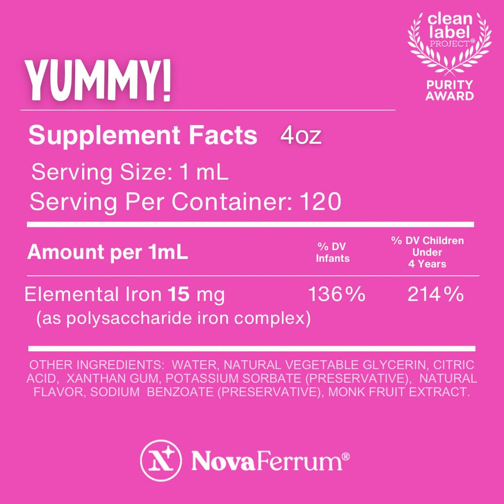 NovaFerrum Yummy kid-friendly label on the bottle.