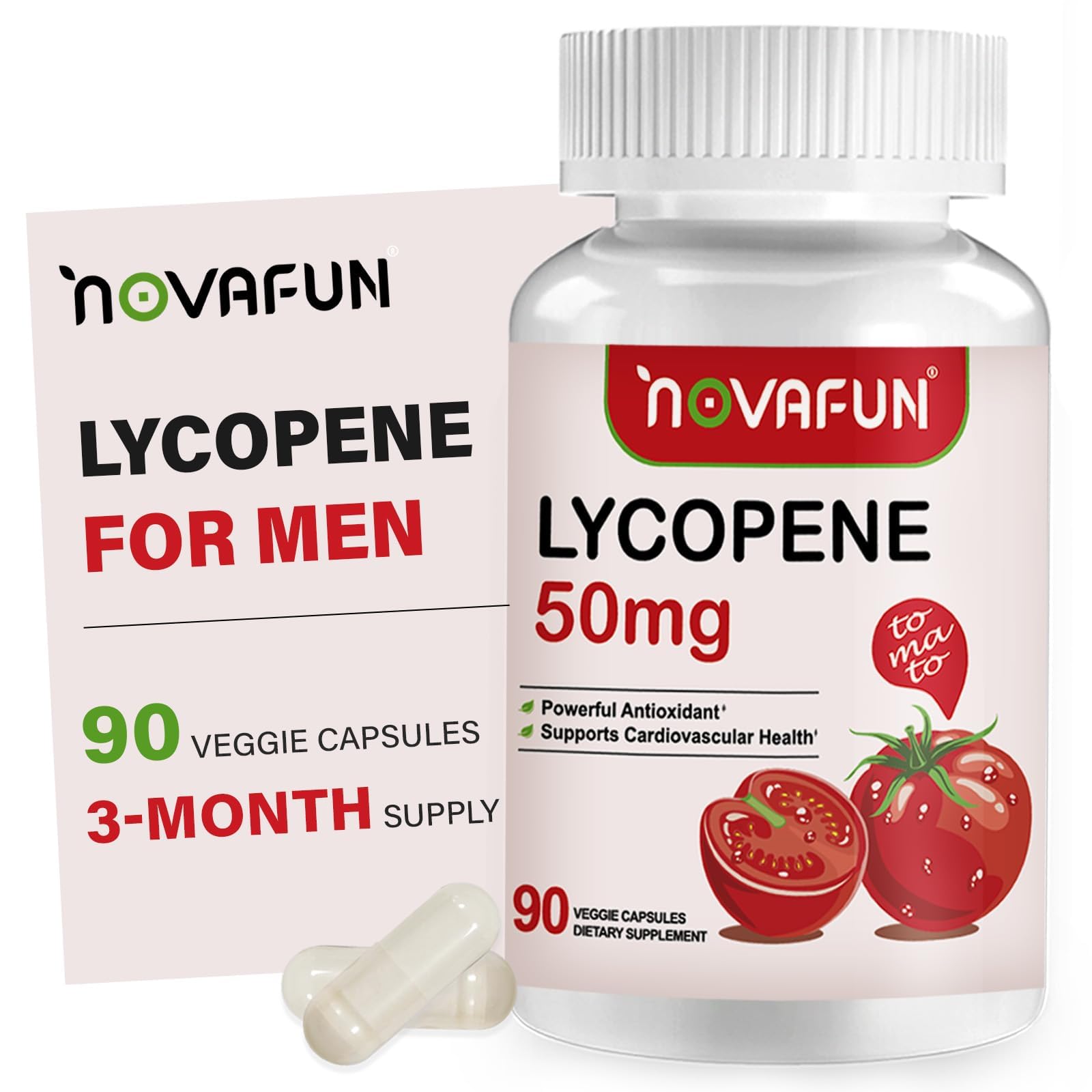 Novafun Lycopene 50mg capsules in bottle, supports heart health and healthy aging.