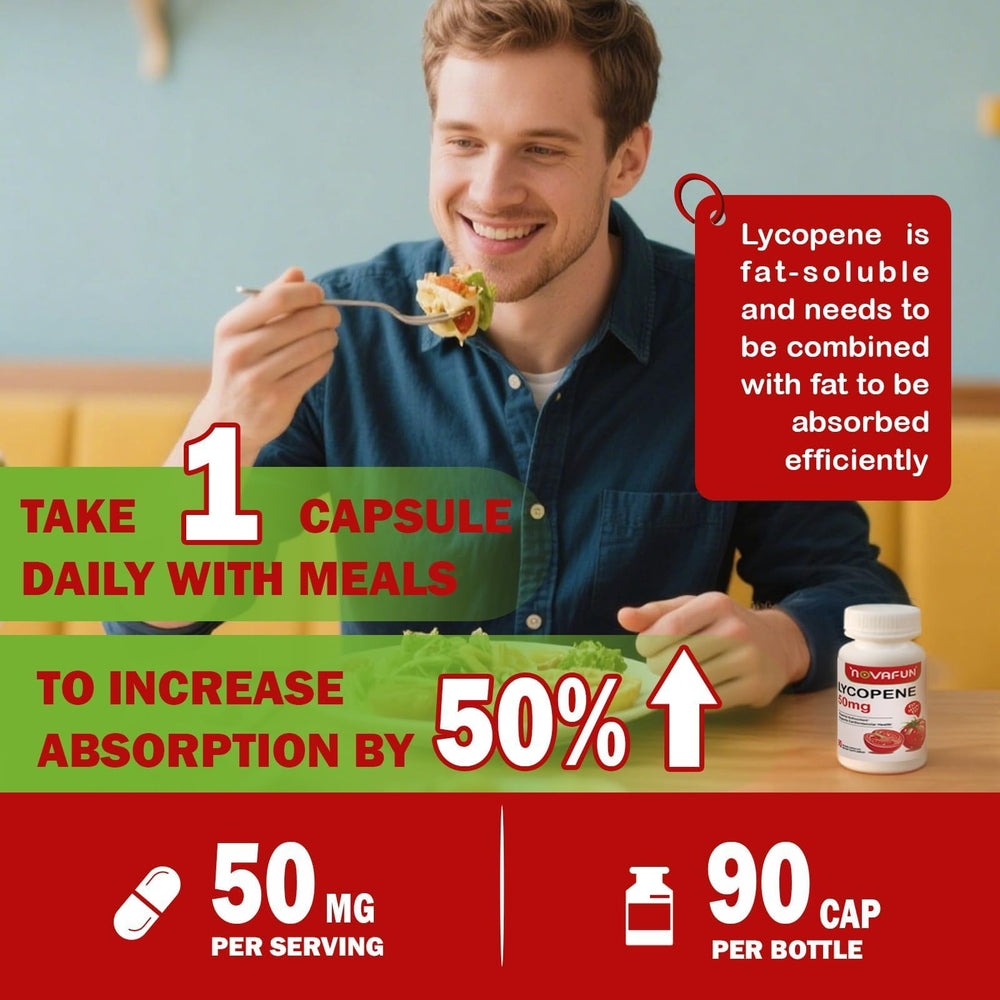 Novafun Lycopene 50mg bottle with heart-health graphics.