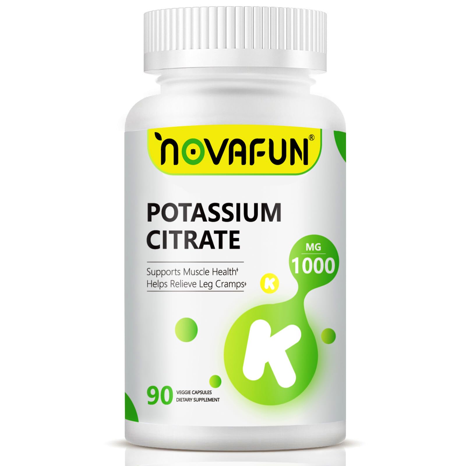 Novafun Potassium Citrate 1000mg bottle promotes balanced electrolytes.