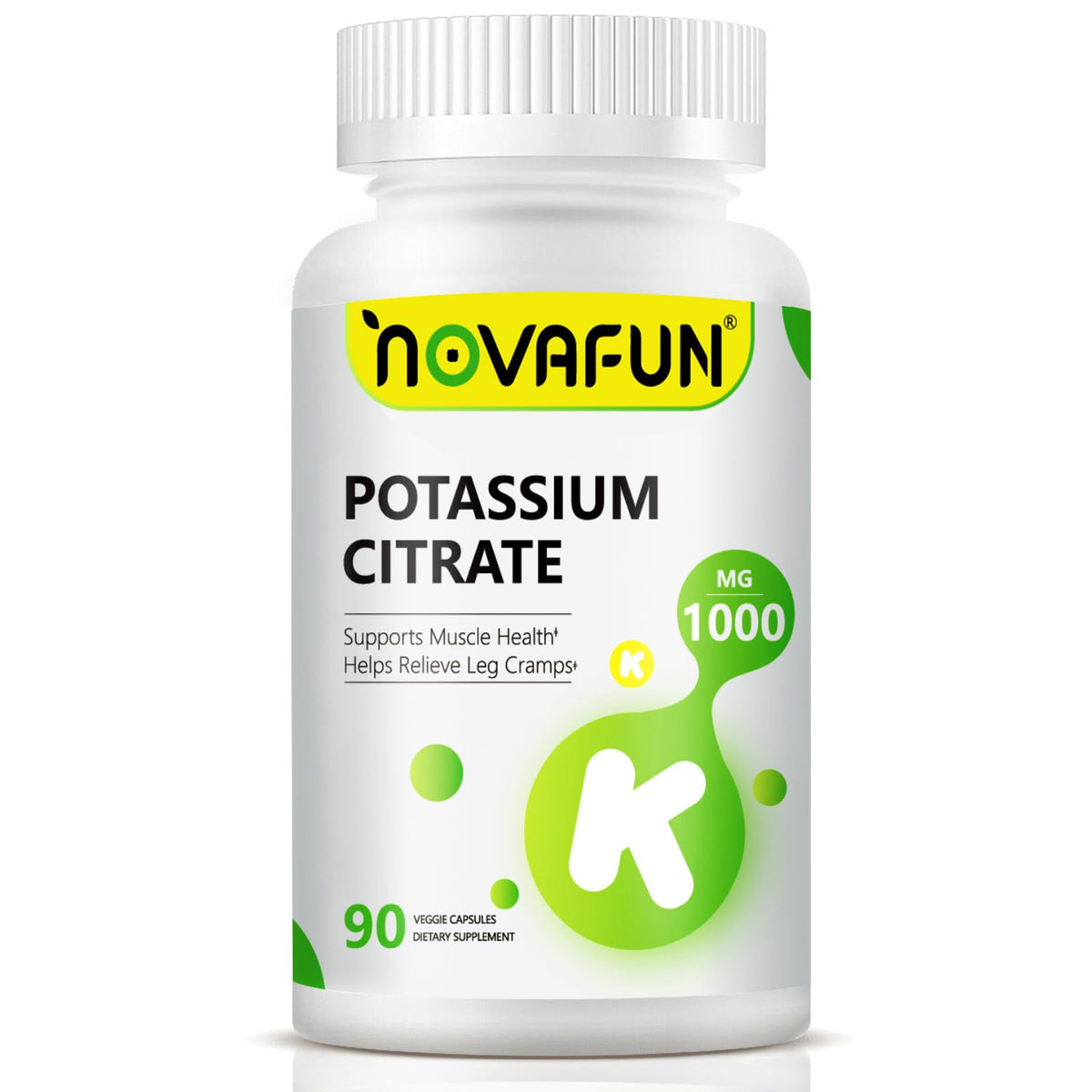 Novafun Potassium Citrate 1000mg bottle promotes balanced electrolytes.