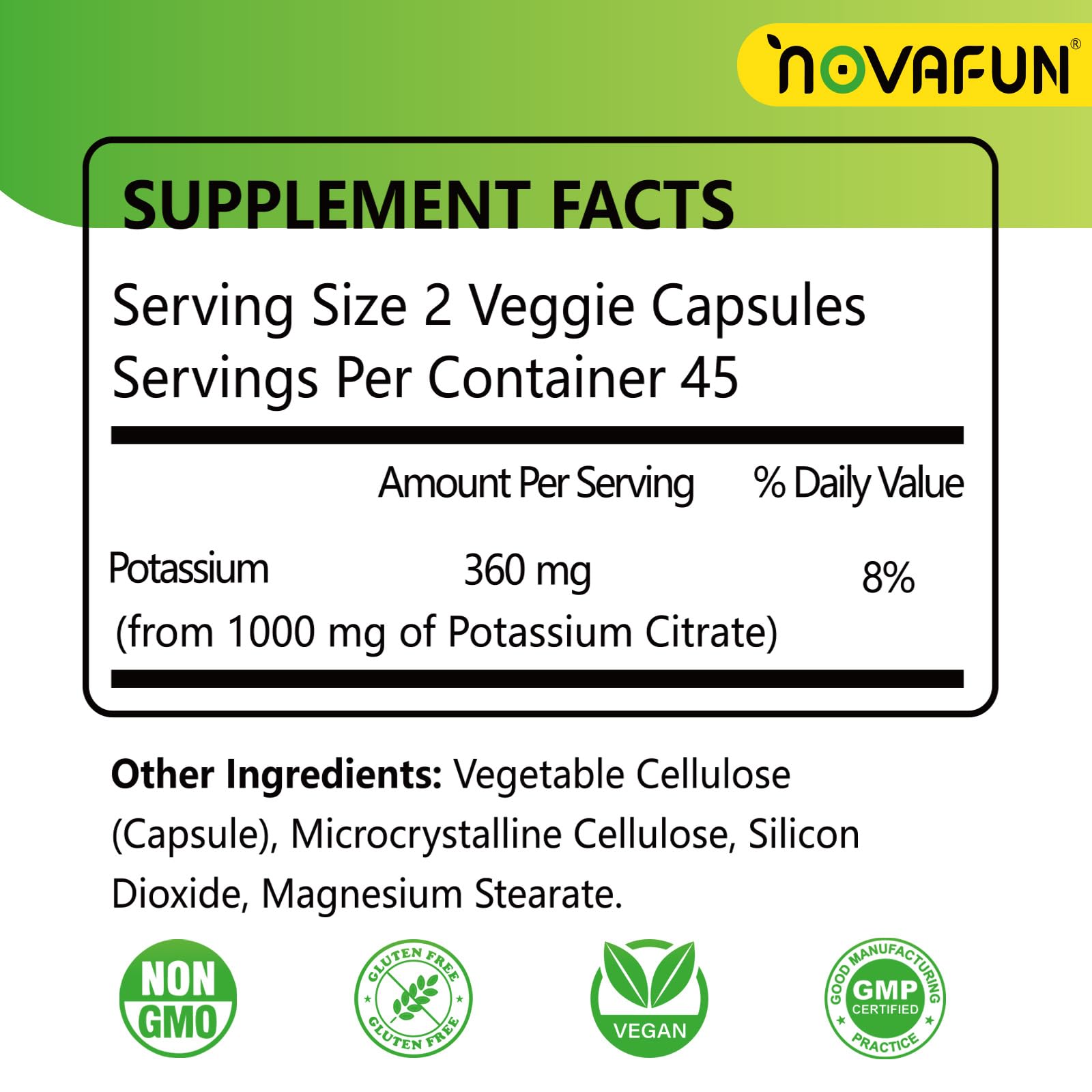 Close-up of Novafun potassium citrate capsules, small and easy to swallow.