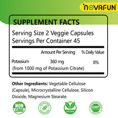 Close-up of Novafun potassium citrate capsules, small and easy to swallow.