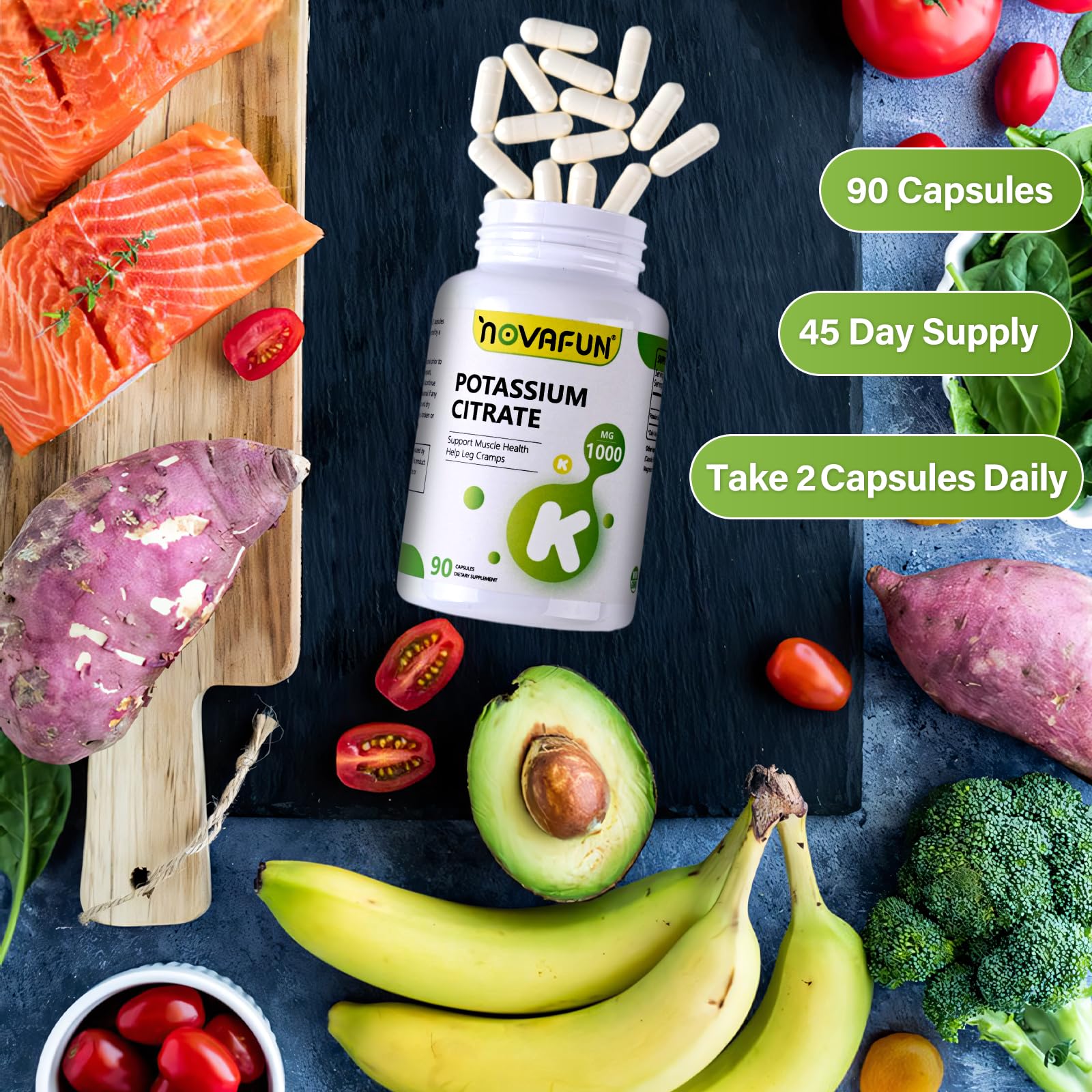 Novafun potassium citrate bottle on a counter, USA-made quality.