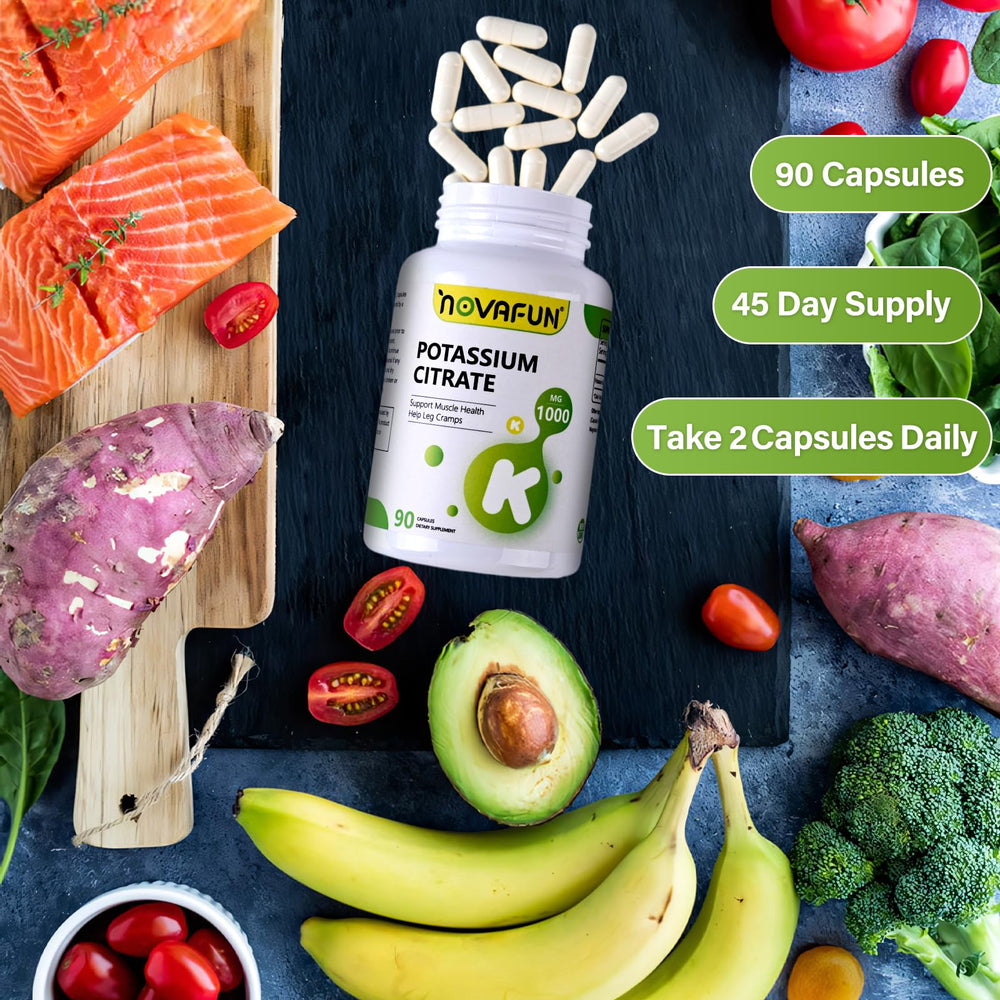 Novafun potassium citrate bottle on a counter, USA-made quality.
