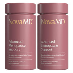 NOVAMD Clinically Proven Menopause Supplement bottle front shows product design and benefits.