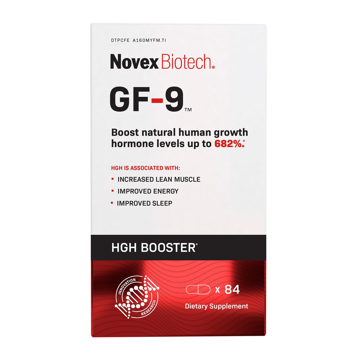Novex Biotech GF-9 bottle close-up highlighting HGH support for workouts