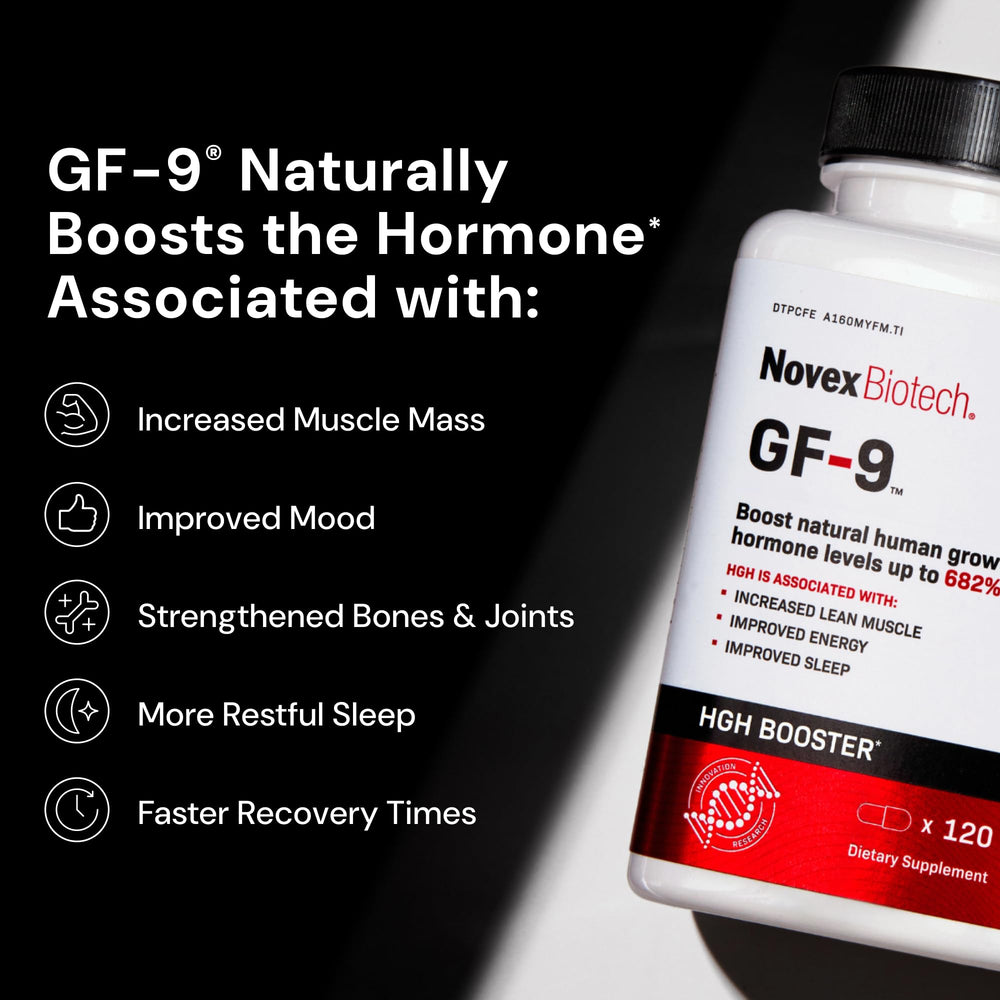 Novex Biotech GF-9 label detail showing GMP quality