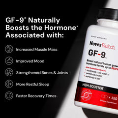 Novex Biotech GF-9 label detail showing GMP quality