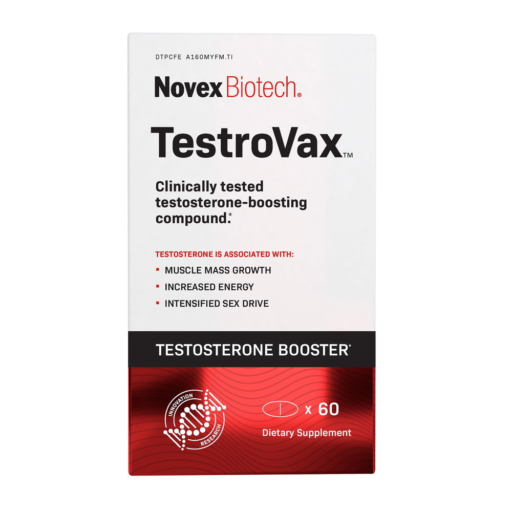 Novex Biotech Testrovax bottle front view promotes energy and focus.
