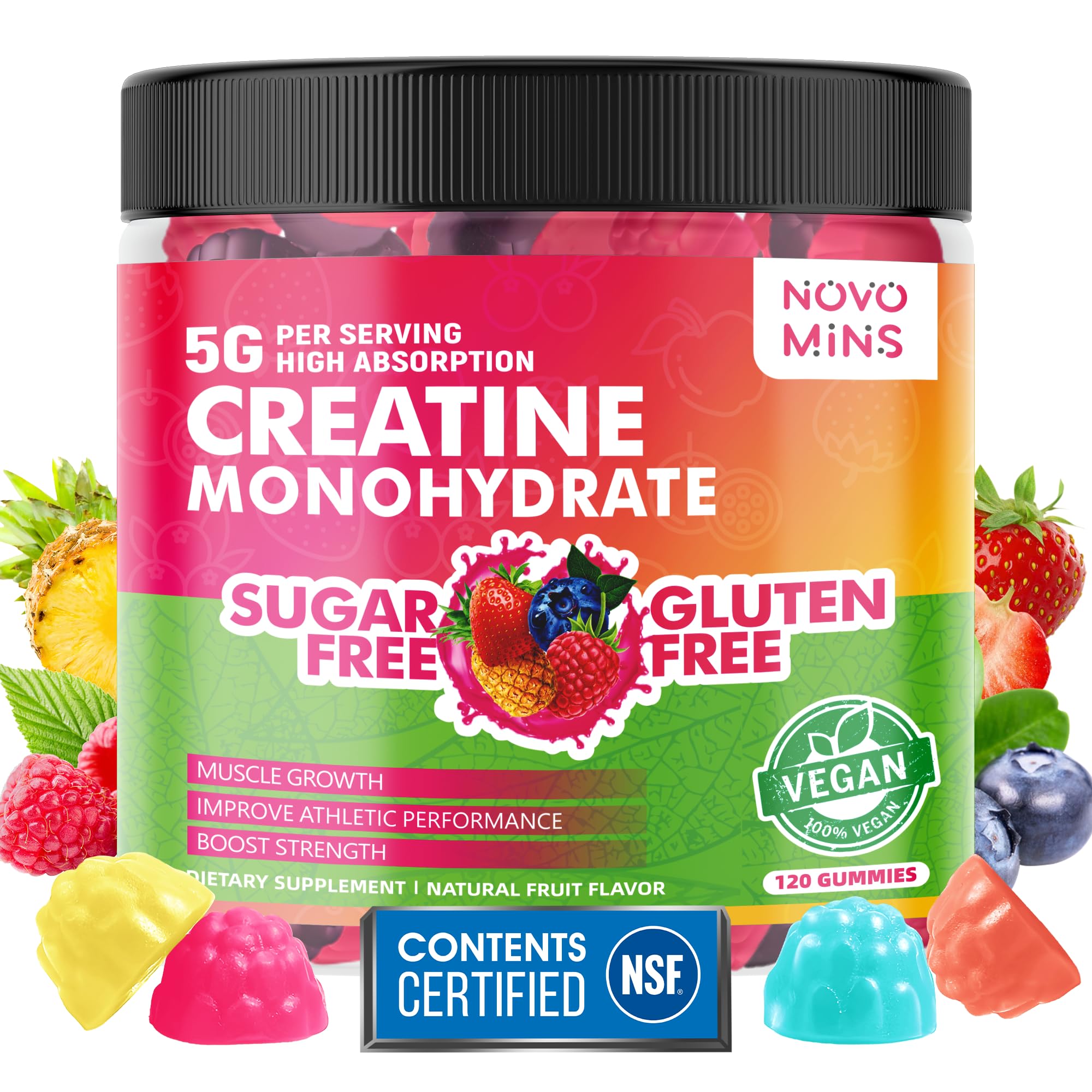 novomins creatine monohydrate gummies bottle front highlighting vegan formula for energy support