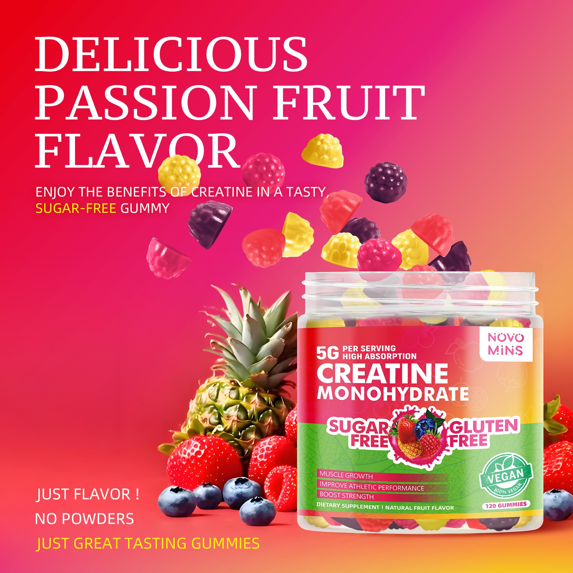 novomins creatine monohydrate gummies vegan ingredients icon highlighting gelatin-free formula