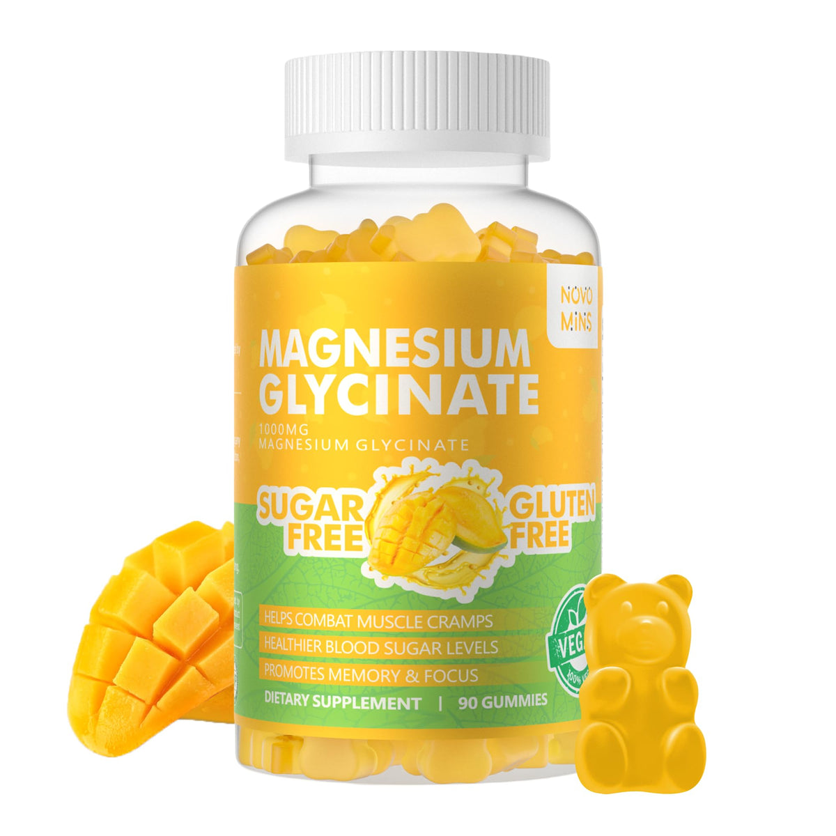 Novomins Magnesium Glycinate Gummies 90-count bottle for daily use.