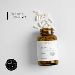 Novos Boost NMN bottle side view showing 250 mg NMN per capsule label.