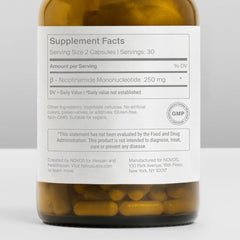 Novos Boost NMN capsules close-up highlighting high-purity NMN dosage.
