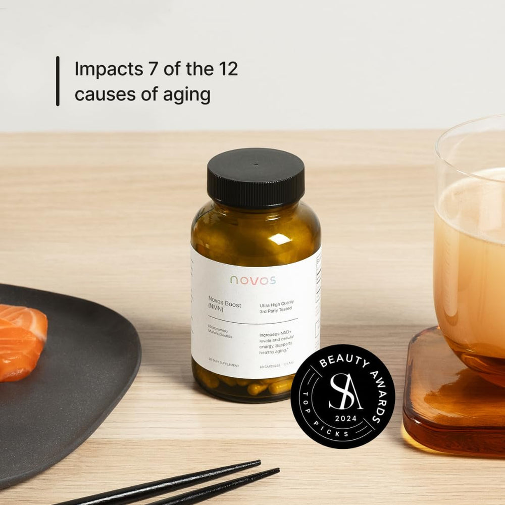 Novos Boost NMN label detail emphasizing scientific backing for longevity research.