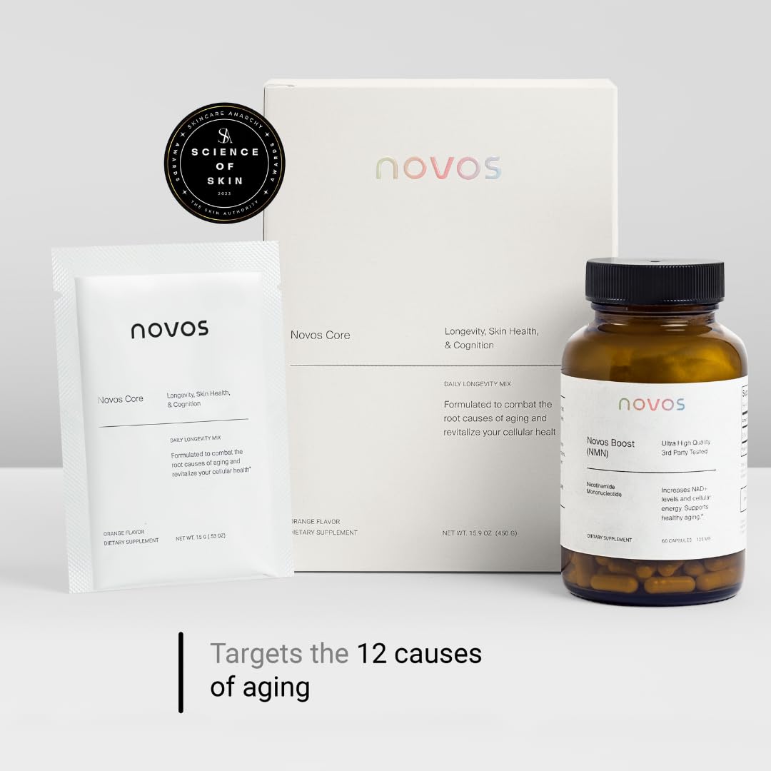 Novos Boost NMN packaging in box conveys premium, science-backed wellness.