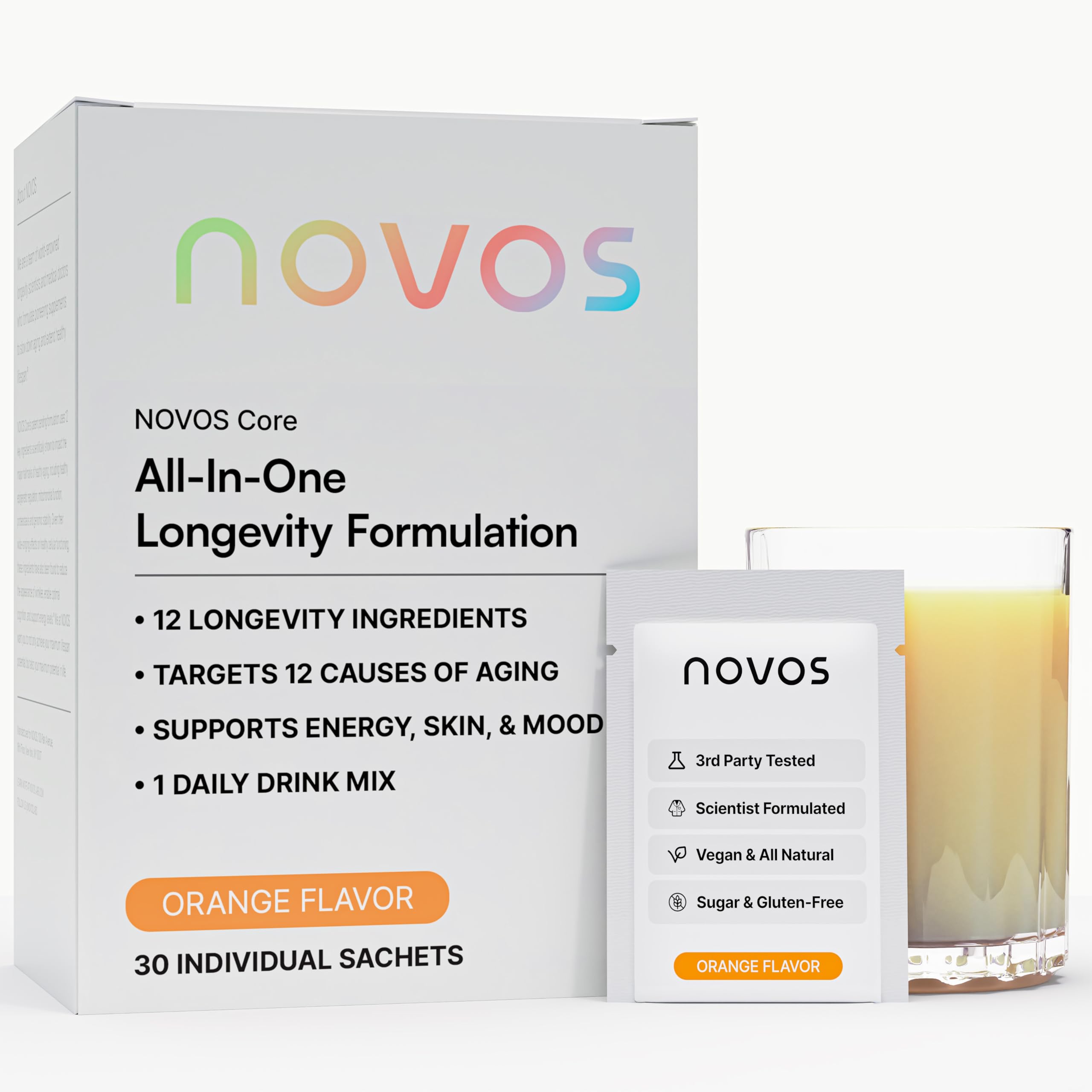 NOVOS Core Longevity Mix orange sachet closeup for daily wellness support.
