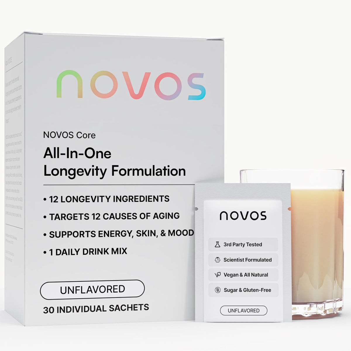 Novos Core Longevity Mix sachet packaging for convenient daily supplementation.