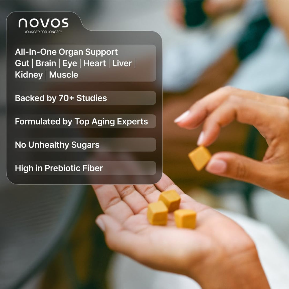 Desk setup featuring Novos Vital chews for an on-the-go routine.