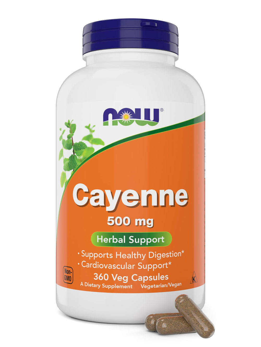 NOW Foods Cayenne capsules bottle for easy daily use and digestive support.