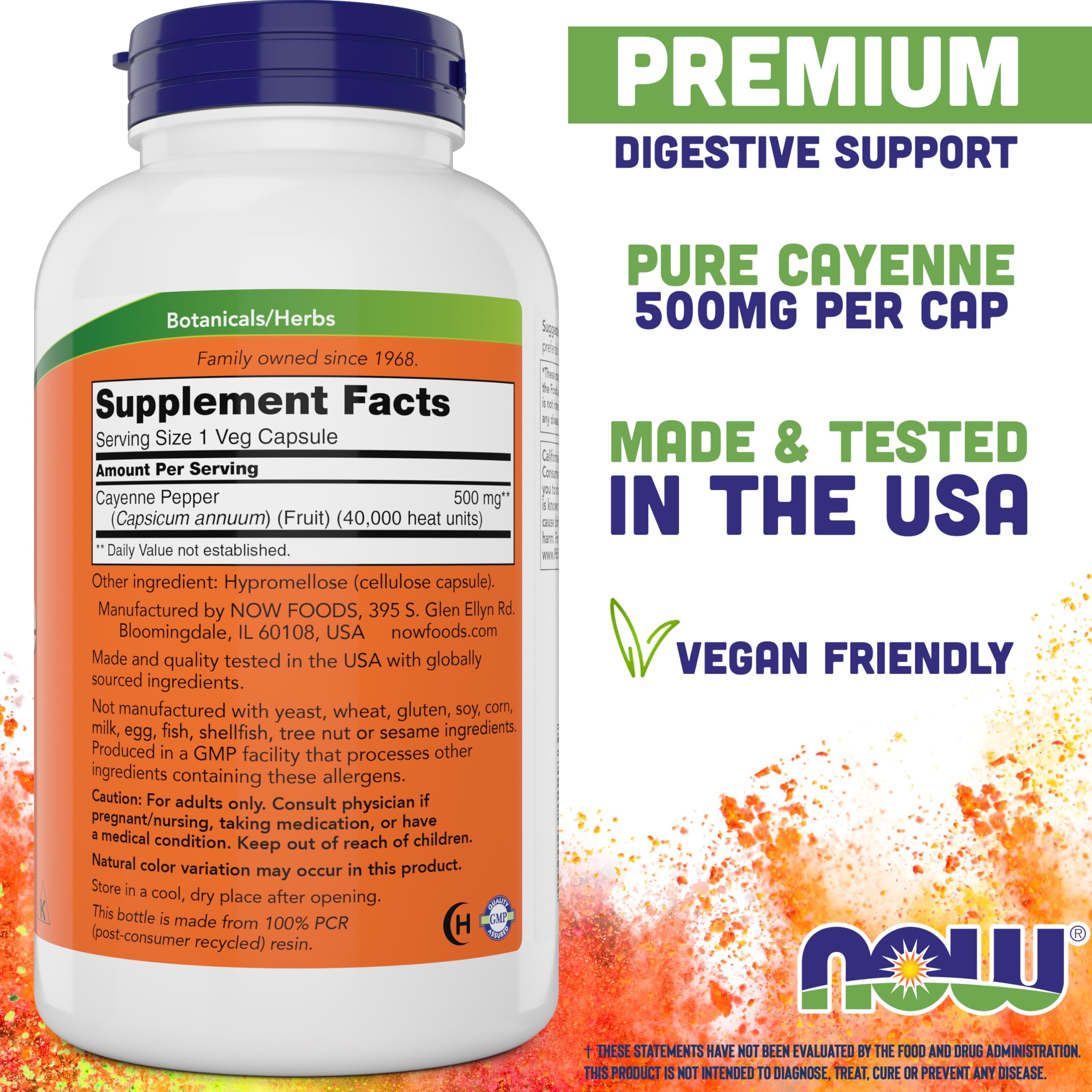 NOW Foods Cayenne 500 mg label highlights strength for potential cardiovascular and digestive balance.