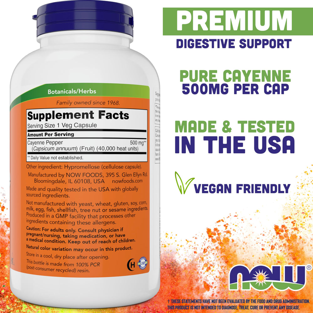 NOW Foods Cayenne 500 mg label highlights strength for potential cardiovascular and digestive balance.