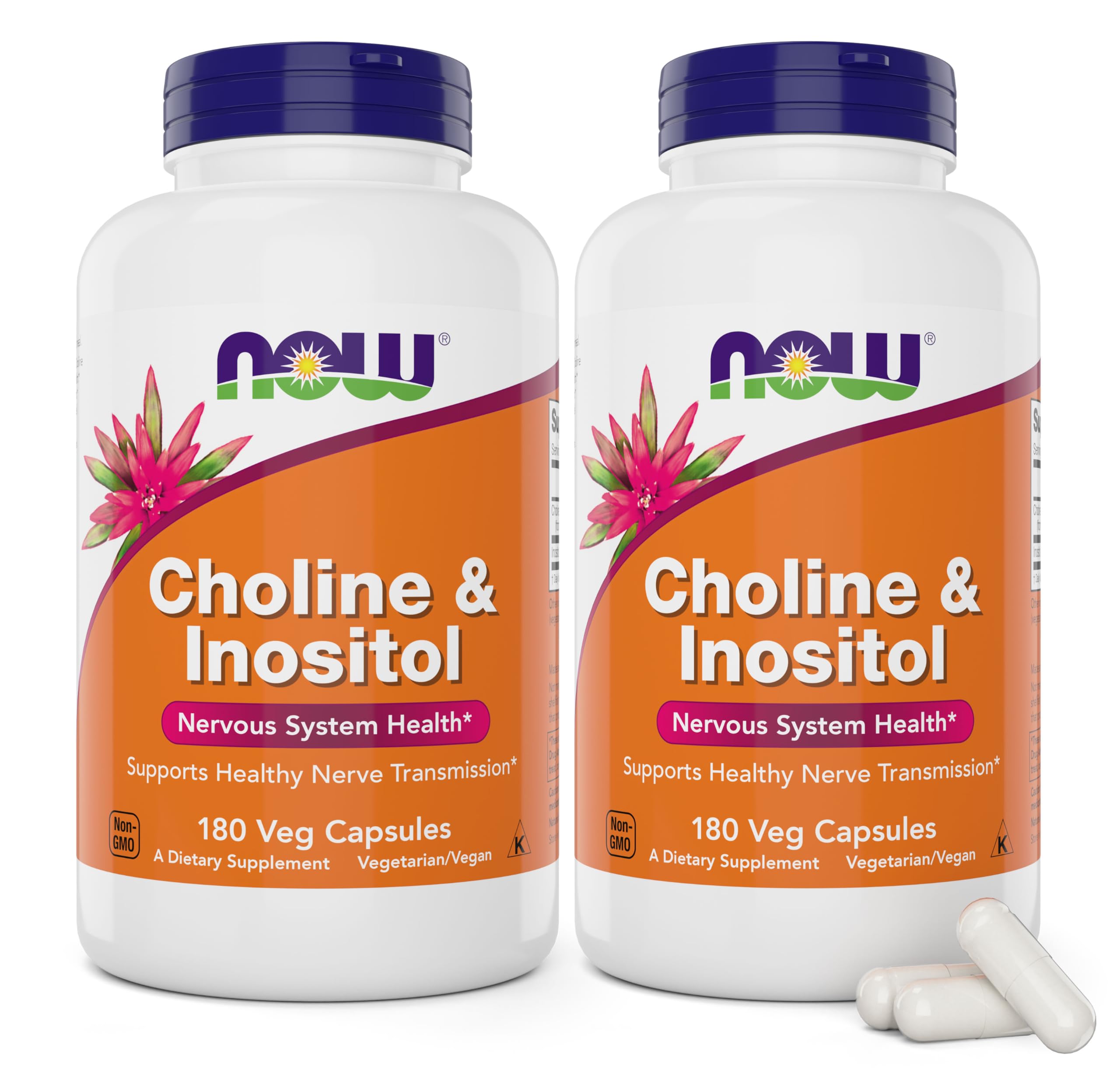 NOW Choline & Inositol bottle front, vegan dietary supplement in a 2-pack.