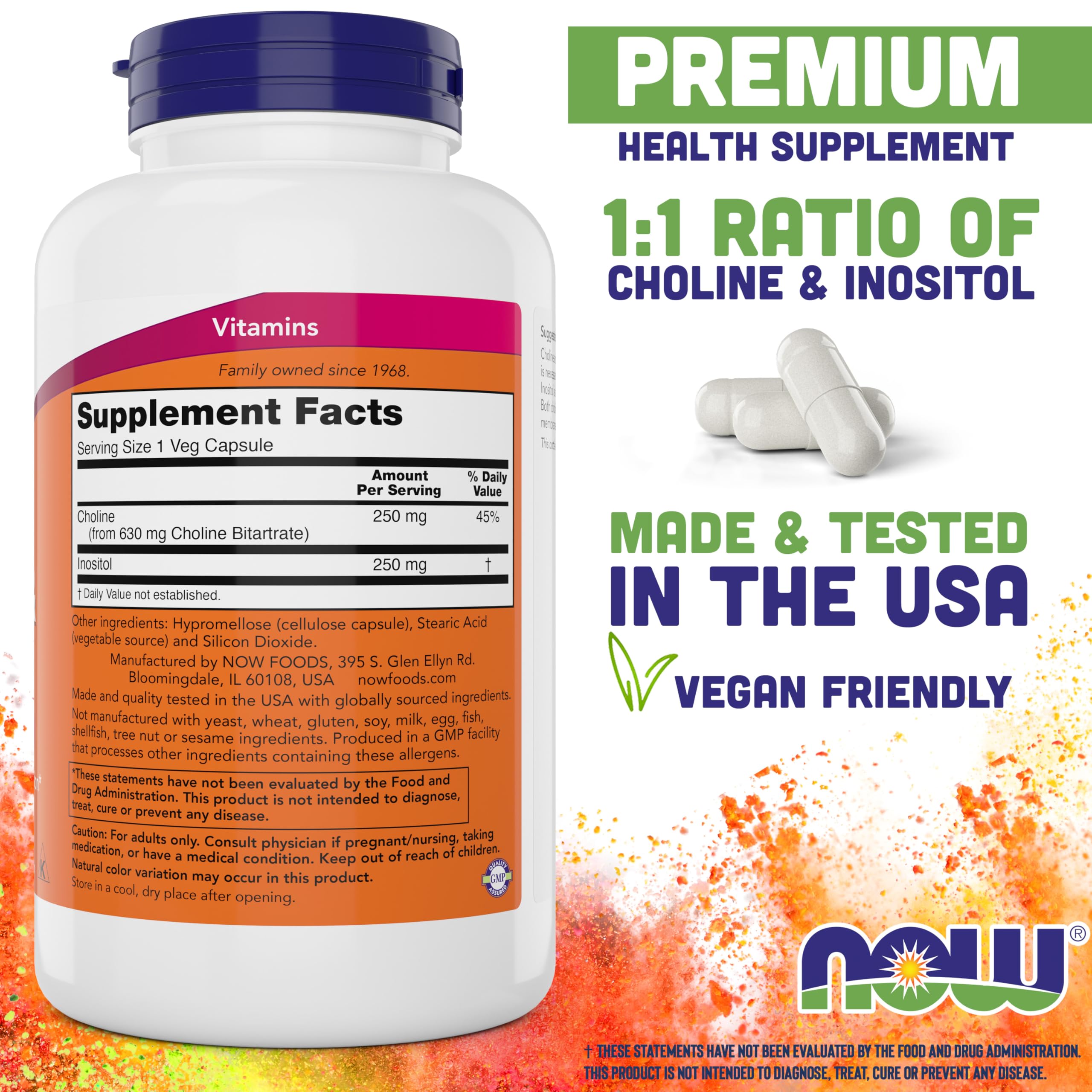 NOW Choline & Inositol capsules inside view, convenient daily intake.