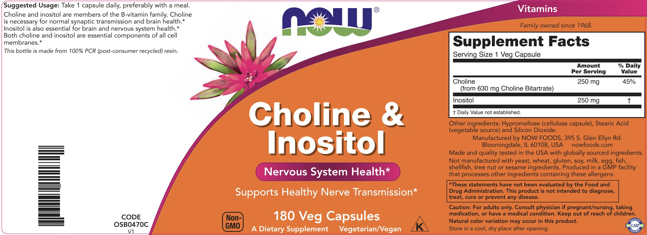 NOW Choline & Inositol label closeup, ingredients and usage details clearly shown.