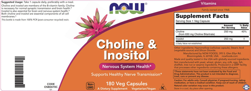 NOW Choline & Inositol label closeup, ingredients and usage details clearly shown.