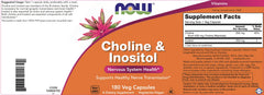 NOW Choline & Inositol label closeup, ingredients and usage details clearly shown.