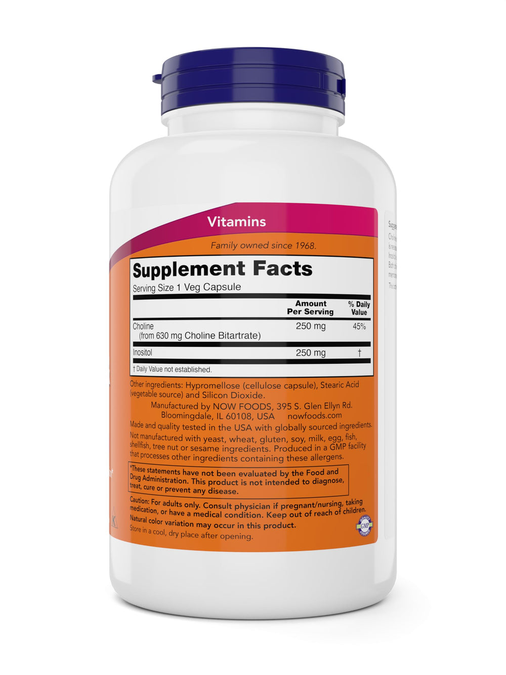 NOW Choline & Inositol vegan and non-GMO seals on packaging.