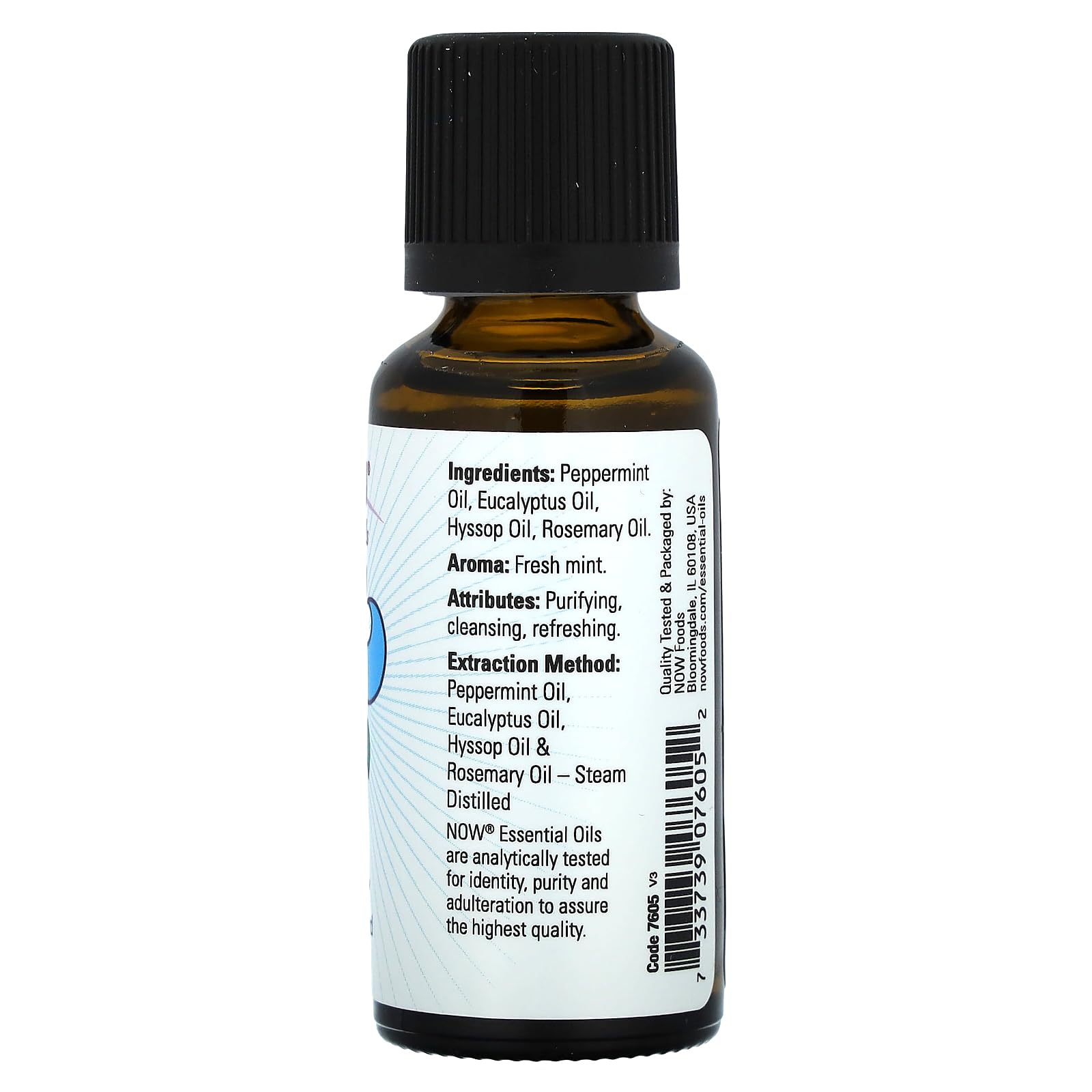 NOW Clear The Air bottle closeup, portable 1-ounce size for on-the-go aromatherapy.