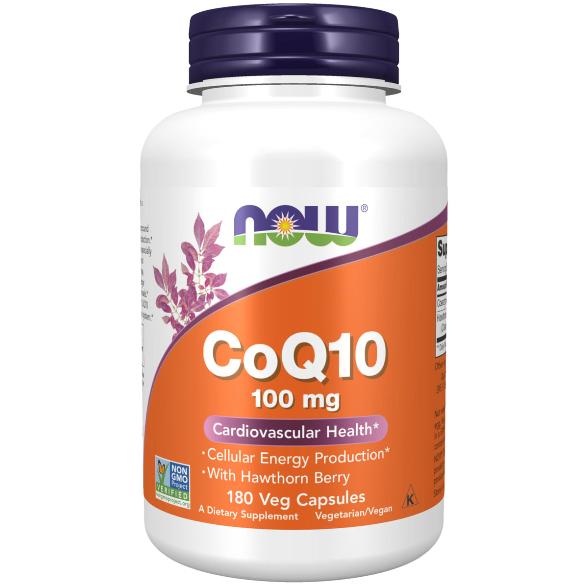 NOW Foods CoQ10 100 mg vegan capsules bottle, supporting daily energy and heart-friendly pathways.