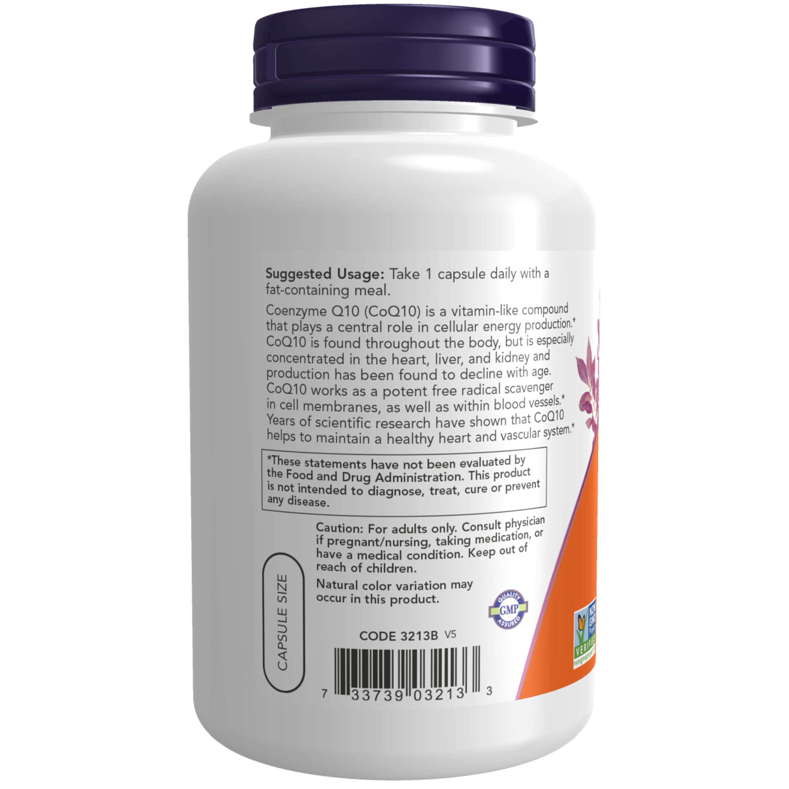 NOW CoQ10 100 mg bottle label close-up highlighting vegan capsules and hawthorn berry blend.