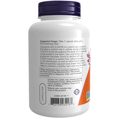 NOW CoQ10 100 mg bottle label close-up highlighting vegan capsules and hawthorn berry blend.
