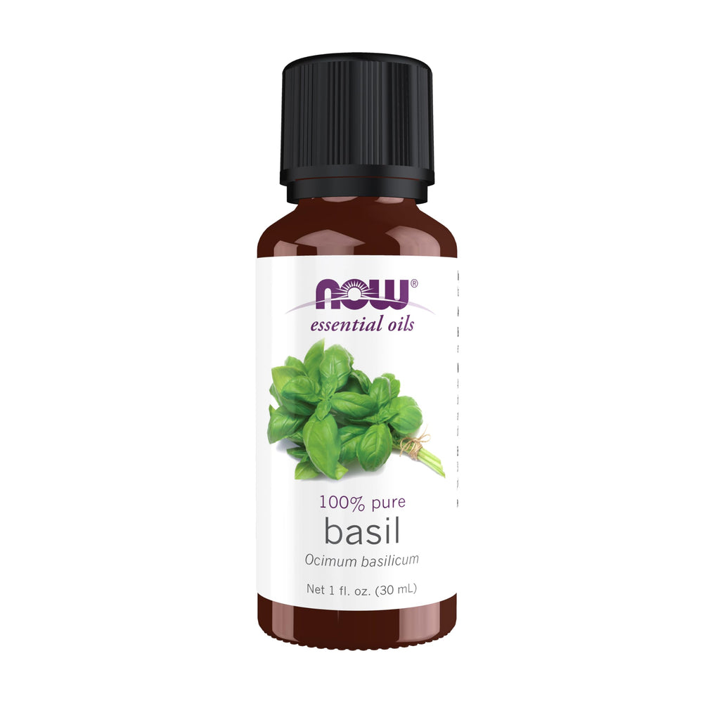 NOW Basil essential oil bottle 1oz for uplifting aromatherapy in any room.