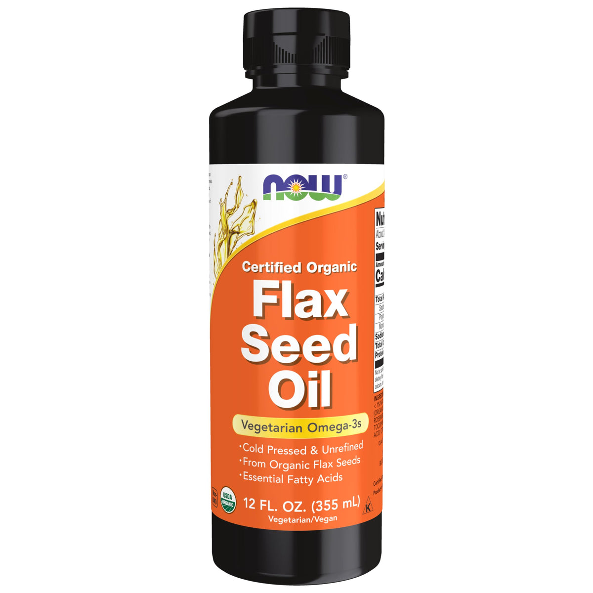 NOW Foods flax seed oil bottle with nutty aroma, great for dressings and toppings.