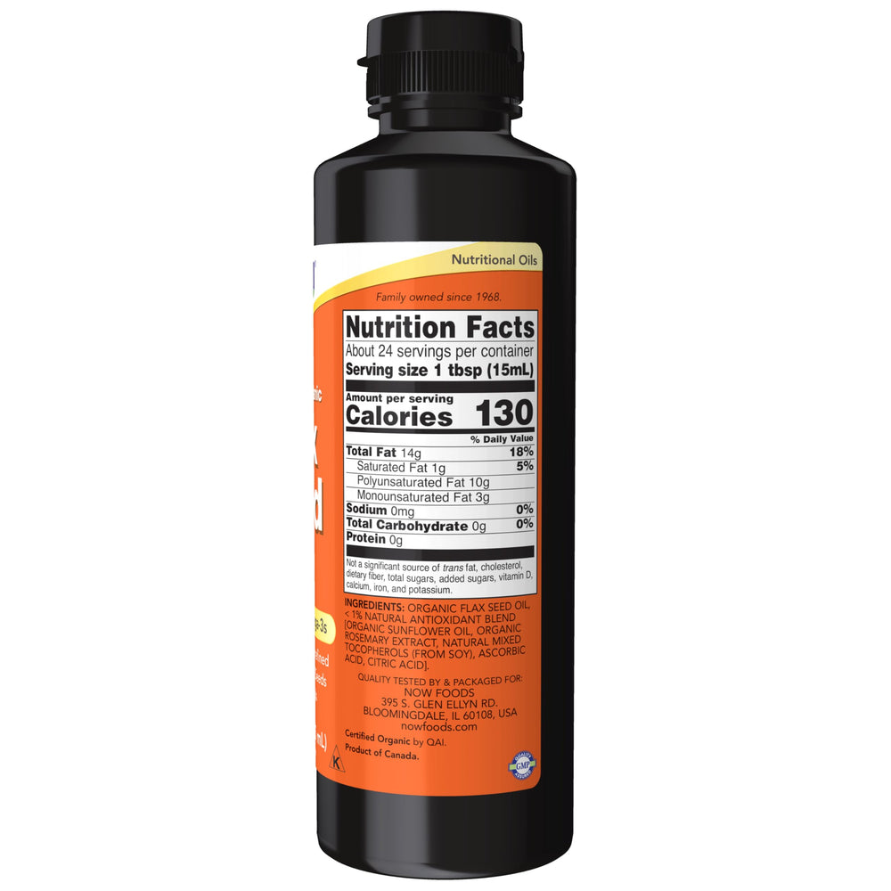 NOW Foods flax seed oil drizzled on salads enhances flavor and plant-based omega-3 intake.