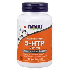 NOW Foods 5-HTP 200 mg bottle close-up highlighting mood-support potential