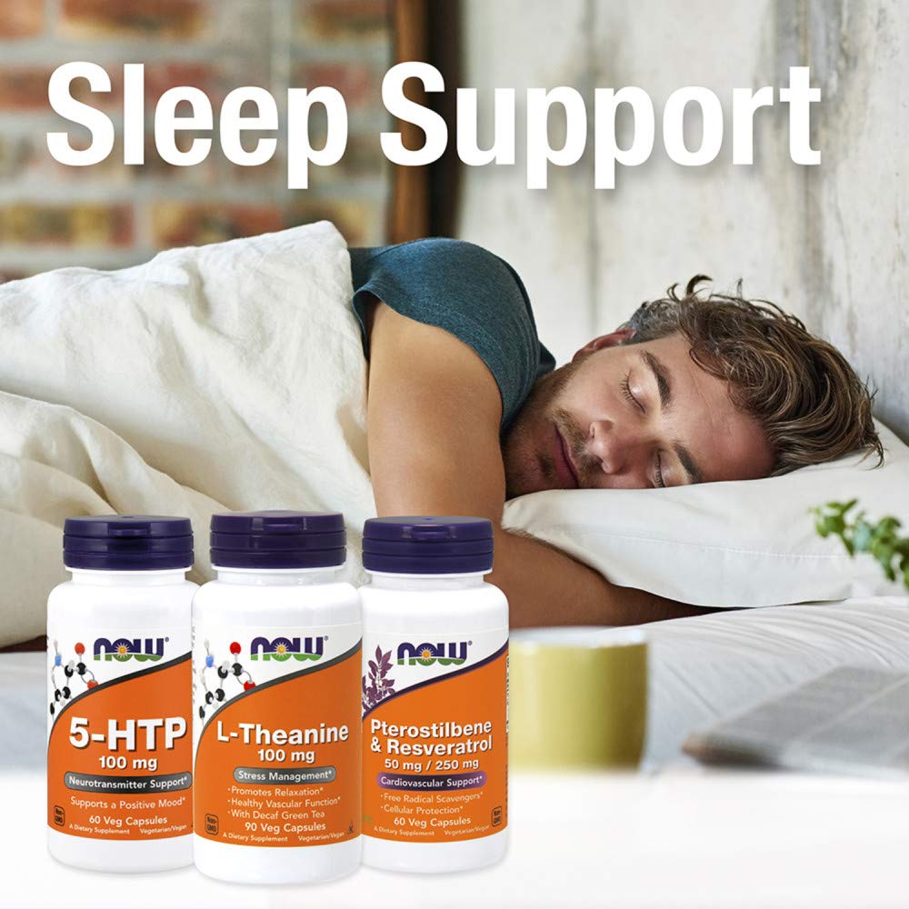 NOW Foods 5-HTP 200 mg ingredient list close-up highlights glycine, taurine, inositol