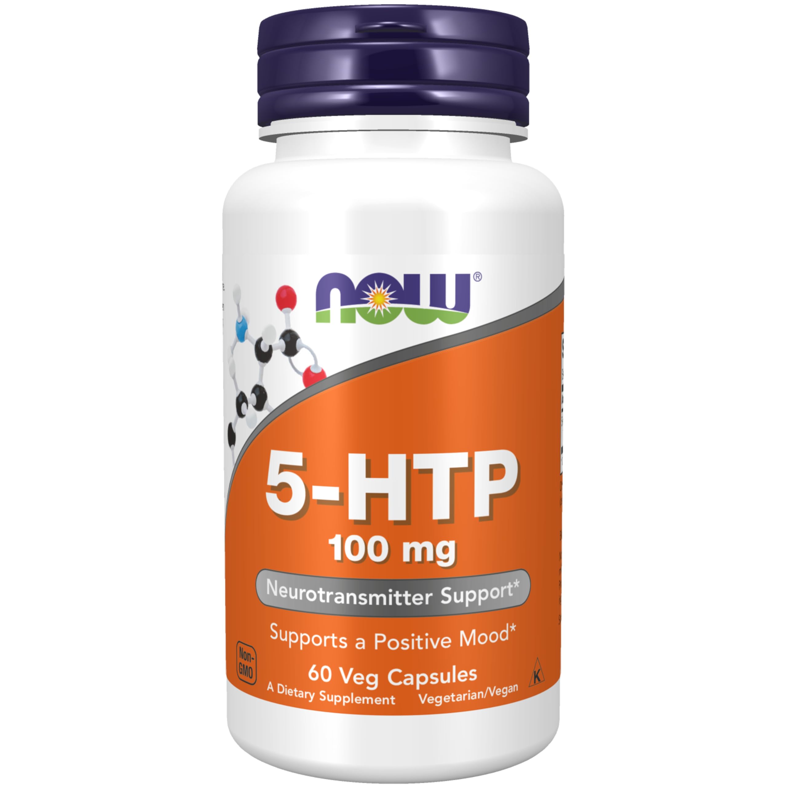 NOW Foods 5-HTP, botella y etiqueta visible, fácil revisión de ingredientes y origen.