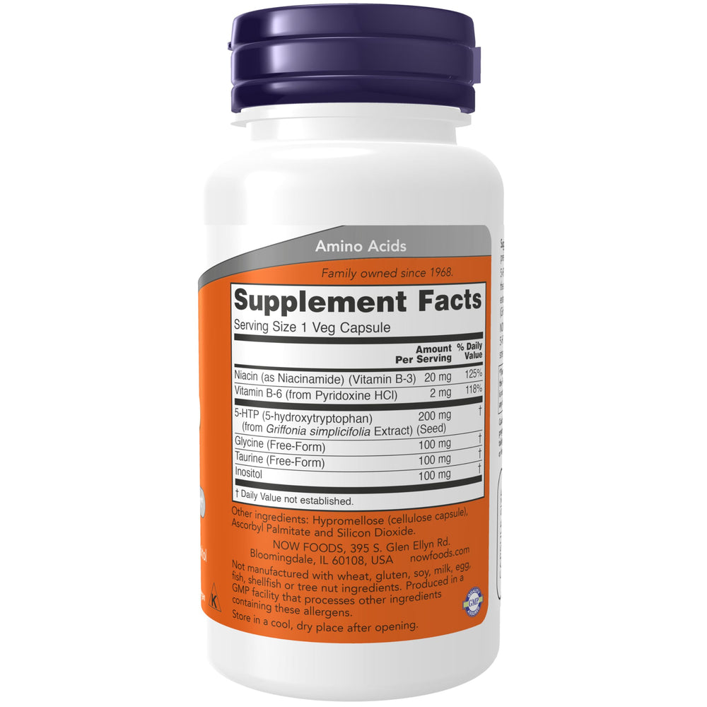 NOW Foods 5-HTP capsules close-up highlighting 200 mg per capsule